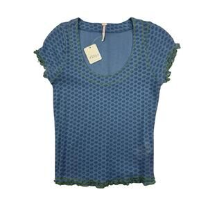 Free People Garner Knit Floral Ruffle Sleeve Tee Top Blue Green Size S